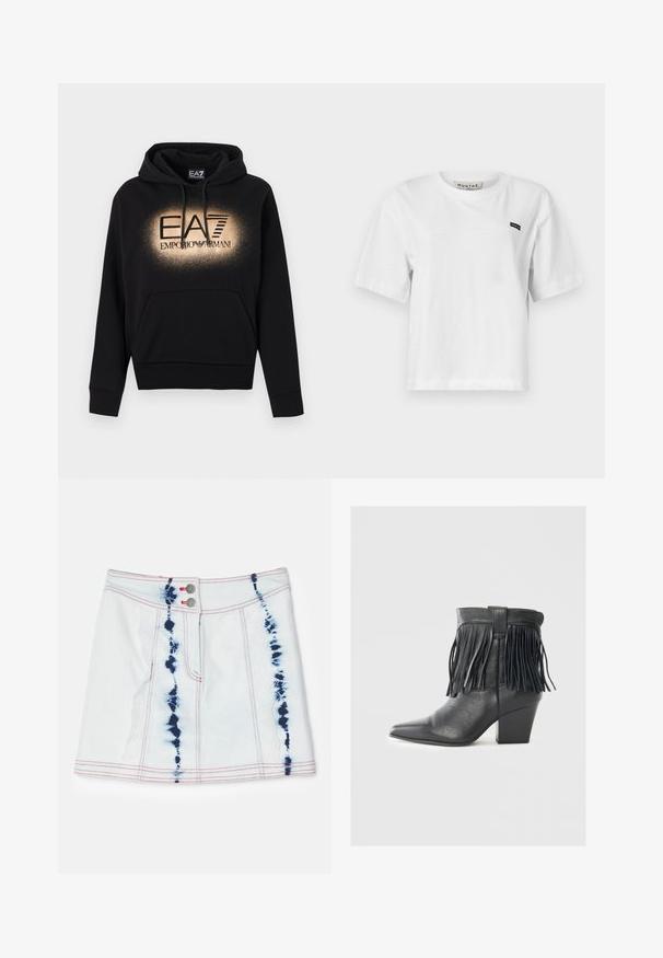 Čierna mikina s kapucňou z jemného materiálu s predným vreckom na brušku, kapucňou so šnúrkou a zlatým a čiernym logom EA7 Emporio Armani.; Biele bavlnené tričko s krátkymi rukávmi, okrúhlym výstrihom a malou čiernou značkou na ľavej hornej strane. Hladká textúra, voľný strih.; Džinová mini sukňa v svetlom modrom odtieni s tmavomodrými batikovanými vzormi. Obsahuje červené švy a dve predné gombíky. Krátka dĺžka s úzkym strihom.; Čierna kožená členková čižma s špicatou špičkou, štruktúrovaným povrchom a dekoratívnymi strapcami pozdĺž vrchnej časti. Dizajn s blokovým podpätkom.