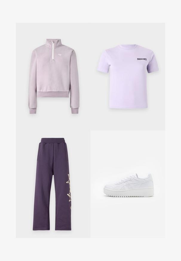 Lavendel fleece pullover met een halve ritssluiting aan de voorkant, hoge kraag, geribde manchetten en onderkant, en een klein wit logo op de borst, plat gelegd op een witte achtergrond.; Lavendel katoenen t-shirt met korte mouwen en een ronde hals. Heeft een zwart "DICKIES" logo op de borst. Soepele textuur.; Paarse joggingbroek met een elastische tailleband, zijzakken en een gouden grafisch ontwerp op het linkerpoot. Zacht materiaal met een losse pasvorm.; Witte platform sneakers met een gladde leertextuur, geperforeerde details en platte veters; voorzien van een dikke witte rubberen zool.