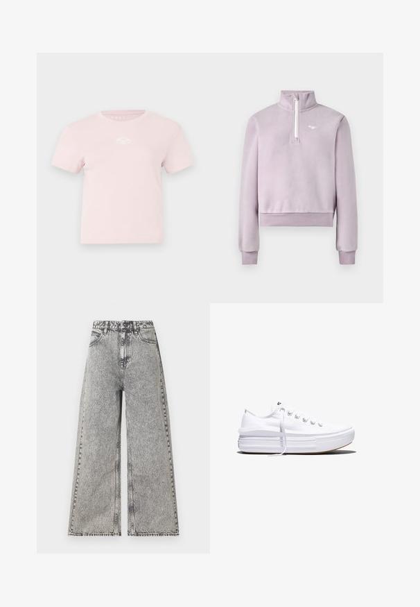 Lavender-Fleece-Pullover mit halbem Reißverschluss vorne, hohem Kragen, gerippten Bündchen und Saum sowie kleinem weißen Logo auf der Brust, flach auf weißem Hintergrund ausgelegt.; Rosafarbenes Baumwoll-T-Shirt mit kurzen Ärmeln, Rundhalsausschnitt und einem kleinen weißen Logo-Akzent auf der Brust. Glatte Textur und lässiges Design.; Weit geschnittene Jeans aus verblasstem schwarzem Denim, mit hoher Taille, klassischem Fünf-Taschen-Design und sichtbaren Nähdetails.; Weißer Canvas-Sneaker mit niedrigem Schnitt, dicker Plateau-Sohle, vorderer Schnürung und rauer Gummikappe an der Spitze, aus seitlicher Ansicht gezeigt.