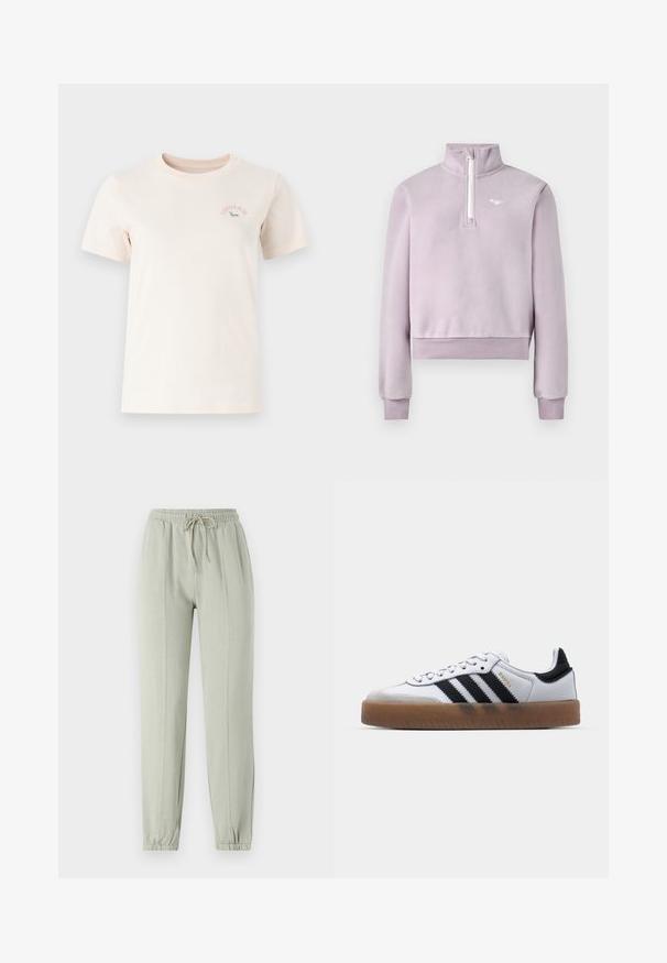 Lavendel fleece pullover met een halve ritssluiting aan de voorkant, hoge kraag, geribde manchetten en onderkant, en een klein wit logo op de borst, plat gelegd op een witte achtergrond.; Kortekorte, lichtbeige katoenen t-shirt met een ronde halslijn, voorzien van een roze "Converse" logo en een groene graphic op de borst.; Lichtgroene sweatpants met een elastische tailleband, verstelbare trekkoord en taps toelopende boorden. Heeft verticale naaddetails aan de voorkant.; Witte leren sneakers met zwarte strepen, gumrubberen buitenzool, ronde neus, vetersluiting en een zachte grijze suède neuskap.