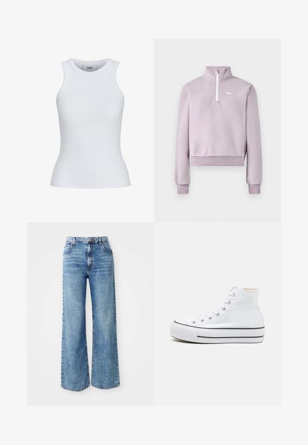 Lavender-Fleece-Pullover mit halbem Reißverschluss vorne, hohem Kragen, gerippten Bündchen und Saum sowie kleinem weißen Logo auf der Brust, flach auf weißem Hintergrund ausgelegt.; Weißes, geripptes Tanktop mit runder Ausschnittform und ärmellosem Design. Hat eine Slim-Fit-Passform und eine weiche Textur, ideal zum Lagenlook.; Hellblaue Denim-Jeans mit weit geschnittenem Bein und hoher Taille, ausgestattet mit fünf Taschen, einer Knopfverschluss und kontrastierender Naht entlang der Nähte.; Weiße High-Top-Sneaker aus einem Material aus Segeltuch, mit schwarzer Gummisohle und kontrastierendem schwarzen Streifen auf der Zwischensohle. Runde Zehenkappe und Schnürdesign.