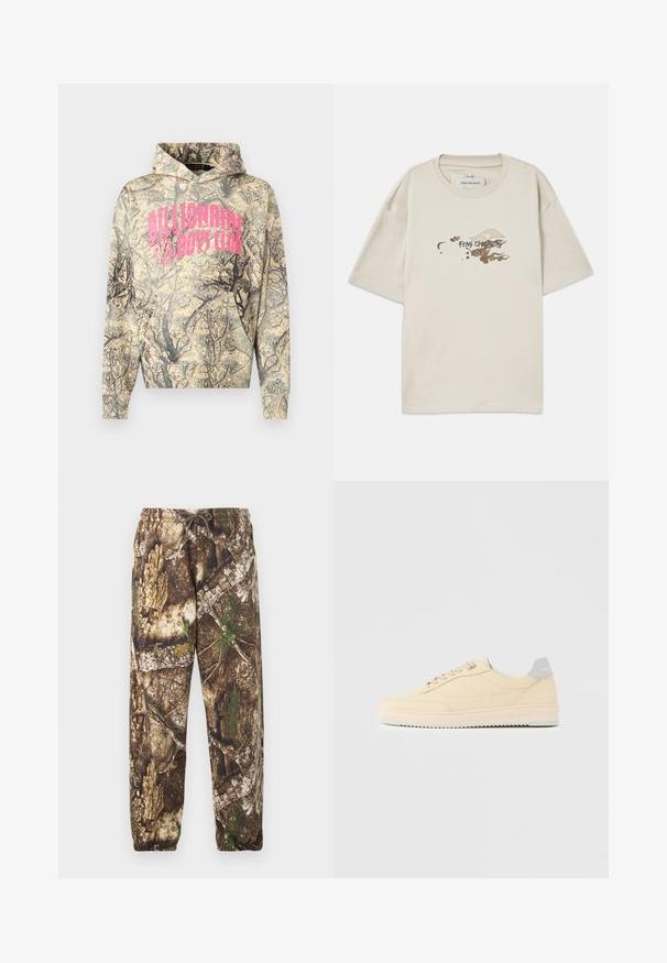 Sudadera con capucha de patrón camuflaje en beige y negro, con un logo rosa de "Billionaire Boys Club", que incluye un bolsillo canguro y capucha con cordón.; Camiseta de manga corta beige hecha de algodón, con un diseño gráfico que presenta nubes y un ojo, etiquetada como "FENG CHEN WANG" en texto estilizado.; Pantalones de chándal de camuflaje con un patrón natural en tonos marrón y verde, que cuentan con una cintura elástica con cordón y puños elásticos en los tobillos.; Zapatilla deportiva beige de corte bajo con cierre de cordones en la parte delantera, suela rosa claro y lengüeta trasera gris con la marca "Filling Pieces", mostrada de perfil sobre un fondo liso.