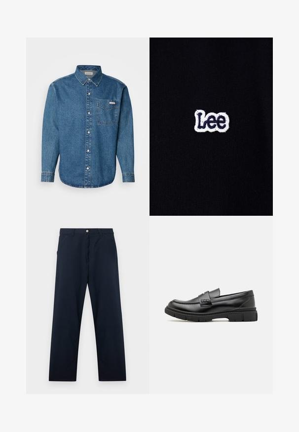 Sort stof med et lille hvidt og mørkeblåt broderet "Lee"-logo i midten.; Blå denim langærmet skjorte med button-down krave, brystlomme og kontraststing. Stofstrukturen er glat med en afslappet stil.; Mørkeblå bukser med lige ben, forlommer, bæltestropper og knaplukning ved taljen på en ensfarvet baggrund.; Sort læder loafersko med en bred rem over forfoden, gummisål med tykke mønstre og glat overflade. Klassisk, slankt design.