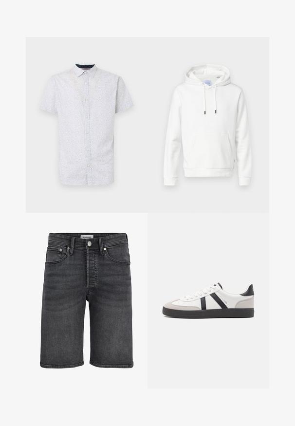 Hvid hoodie lavet af blød bomuld, med en frontlomme, justerbare snore og ribbede manchetter. Enkel, ensfarvet design med en afslappet pasform.; Kortærmet skjorte med knaplukning i lyseblå med små sorte prikker, der har spids krave og lige kanten.; Sorte denimshorts med knap og lynlåslukning, for- og baglommer, lige snit og synlige syninger.; Hvide sneakers med sorte og grå detaljer, med en tekstureret grå tåhætte, sort gummisål og flade hvide snørebånd. Rent design, minimalistisk stil.