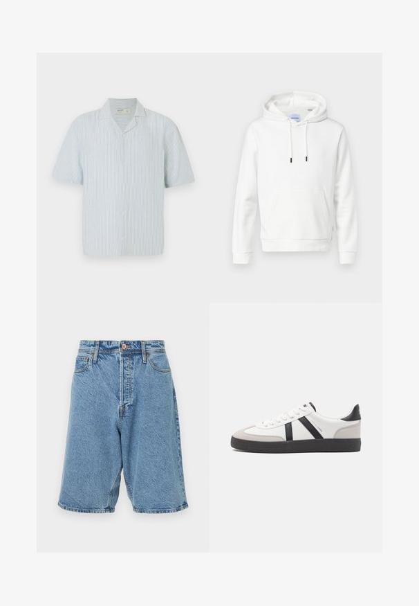 Sudadera blanca hecha de algodón suave, con un bolsillo frontal, cordones ajustables y puños acanalados. Diseño simple y sólido con un ajuste relajado.; Camisa de botones de manga corta en rayas azul claras y blancas. Presenta un cuello clásico y un corte relajado en una tela ligera.; Shorts de mezclilla en azul claro con una textura desgastada. Con cierre frontal de botón, trabillas para cinturón y bolsillos laterales. Acentos de costura pesada.; Zapatilla blanca con acentos en negro y gris, que presenta una puntera texturizada en gris, suela de goma negra y cordones planos blancos. Diseño limpio, estilo minimalista.