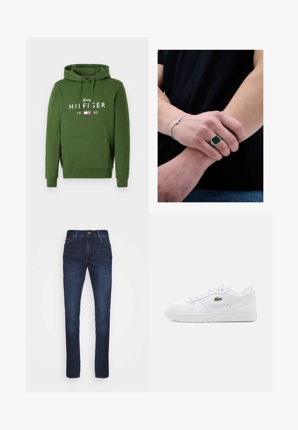 Grüne Kapuzenjacke mit Kängurutasche, verstellbarem Kordelzug-Hood und weißem Aufdruck mit dem Text "Tommy HILFIGER 1985" und einem Flaggenlogo.; Dunkelblaue Jeans aus Denim mit geradem Schnitt, ausgestattet mit einem standardmäßigen Bund, Fronttaschen und dezenten Stickdetails.; Weiße Leder-Sneaker mit perforierten Akzenten, flachen Schnürsenkeln und einem kleinen grünen Logo an der Seite. Gummisohle und gepolsterter Kragen für Komfort.; Person, die ein schwarzes Hemd trägt, hält mit der rechten Hand ihr linkes Handgelenk und zeigt ein silbernes Kreuz-Armband sowie einen silbernen Ring mit schwarzem Gesicht.