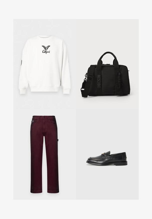 Weißes Sweatshirt mit langen Ärmeln, mittig auf der Brust bedruckt mit einer schwarzen geflügelten Figur und dem Wort "Colcci".; Burgunderfarbene Denim-Hosen mit geradem Schnitt, fünf Taschen, Metallknopfverschluss und Gürtelschlaufen für eine verstellbare Passform.; Schwarze Lederloafers mit runder Zehenform, genähten Details und einem kleinen goldenen Akzent an der Vorderseite. Die Sohle ist flach und unauffällig.; Schwarze Textilentüte mit doppelten Griffen und abnehmbarem Schultergurt. Verfügt über ein geprägtes Logo und ein Lederlabel. Glatte Textur, rechteckige Form.