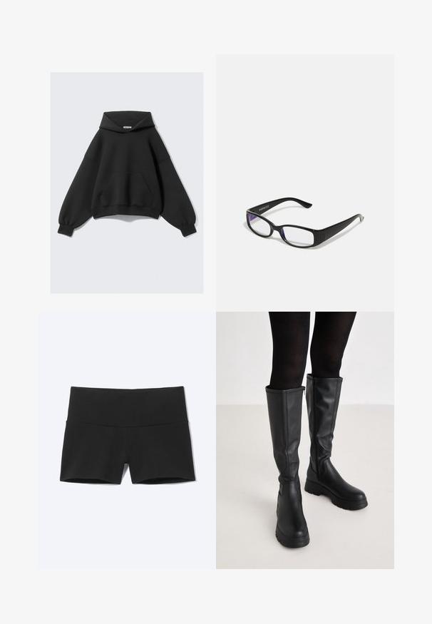 Schwarzer Kapuzenpullover mit lockerem Schnitt, langen Ärmeln und einer Fronttasche. Hergestellt aus weichem Stoff mit glatter Textur.; Schwarze, figurbetonte Sportshorts mit weitem Bund, entworfen für Komfort und Flexibilität.; Even&Odd Plateaustiefel - black; Schwarze rechteckige Brille mit klaren Gläsern. Glänzende Oberfläche, schmale Bügel und lila Tönung an den Rändern der Gläser sichtbar.
