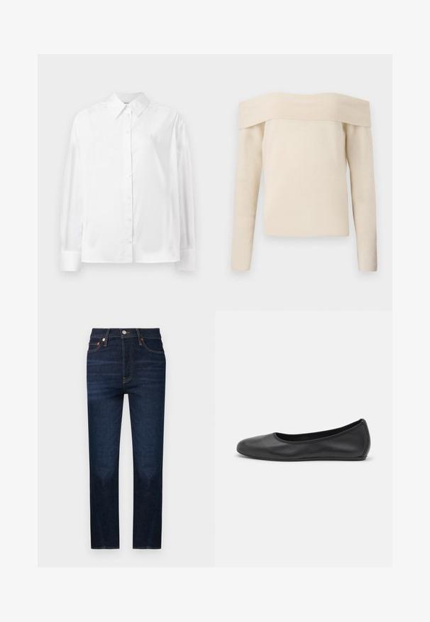 Off-the-shoulder crèmekleurige gebreide trui met lange mouwen en een gebroken structuur. Boxy pasvorm, met een brede halslijn en minimale afwerking.; Witte langemouwige button-up shirt in een gladde katoenmix. Voorzien van een klassieke kraag, een knoopsluiting aan de voorkant en afgeronde manchetten.; Donkerblauwe jeans met rechte pijpen, voorzakken, een knoopsluiting en oranje contrasterende stiksels.; Zwarte leren ballerina met een ronde neus, gladde textuur, minimale stikdetails en een flexibele zoolontwerp.