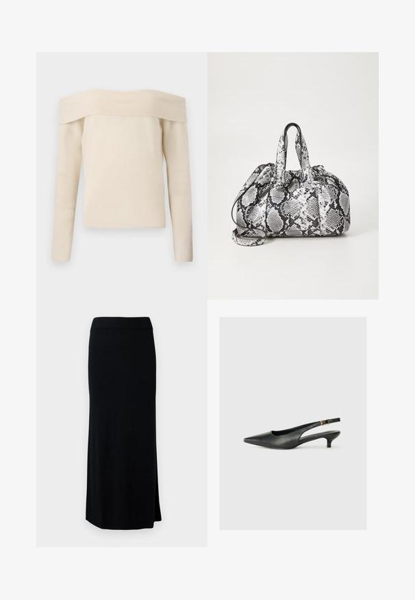 Off-shoulder cremet strikbluse med lange ærmer og ribbet tekstur. Boxy pasform med vid halsudskæring og minimal detaljer. ; Sort, lang, strikket nederdel med en sideslids. Har en strækbar talje og en glat tekstur. Enkel, tætsiddende design. Ingen synlige mønstre eller detaljer.; Sorte spidse slingback-sko lavet af glat læder. Har en tynd hæl og en spænde detalje på den justerbare rem.; Håndtaske med sort og hvid slidmønster, to håndtag, snøre lukning og aftagelig skulderrem. Glat tekstur.