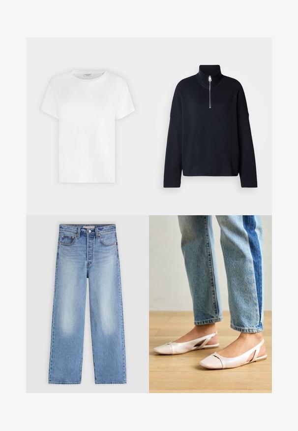 Marineblå pullover sweater med høj mock neck, kvart lynlås, brede ærmer og et blødt, tekstureret stof. Minimalistisk design uden mønstre.; Hvid T-shirt med korte ærmer og rund hals med synligt Marc O’Polo-mærke inde i kraven mod en ensfarvet baggrund.; Lyseblå jeans med lige ben, falmet frontdetaljer, knap- og lynlås lukning samt fem-lomme stil på ensfarvet baggrund.; Lyserøde slingback flade sko med spidse tær, lavet af et glat læderlignende materiale. Har udskæringsdetaljer på siderne og en flad hæl.
