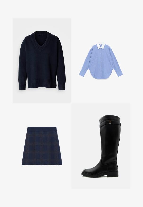 Donker marineblauwe V-hals trui met lange mouwen en geribbelde boorden aan mouwen en zoom, getoond op een effen achtergrond.; Blauw overhemd met lange mouwen en witte verticale strepen, witte puntkraag, knoopsluiting aan de voorkant en brede manchetten, plat gelegd op een witte achtergrond.; Navyblauwe geruite rok met een effen tailleband, gekenmerkt door een textuurpatroon in lichtere tinten. A-lijnvorm, gemaakt van een zachte, comfortabele stof.; Hoge zwarte leren laars met een lage hak en een decoratieve band en metalen embleem dichtbij de bovenkant, vanaf de zijkant getoond op een witte achtergrond.