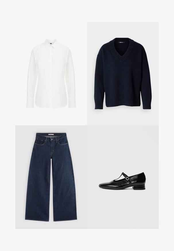 Donker marineblauwe V-hals trui met lange mouwen en geribbelde boorden aan mouwen en zoom, getoond op een effen achtergrond.; Witte langemouwen shirt van katoen, met een klassieke kraag, knopen aan de voorkant en een rechte zoom met iets afgeronde randen.; Donkerblauwe wijde spijkerbroek met voorzakken, riemlussen en knoopsluiting, plat gelegd op een lichte achtergrond.; Zwarte leren Mary Jane schoenen met een puntige neus, een kleine blokhak en een verstelbare riem met een zilveren gesp. Gladde, glanzende textuur.