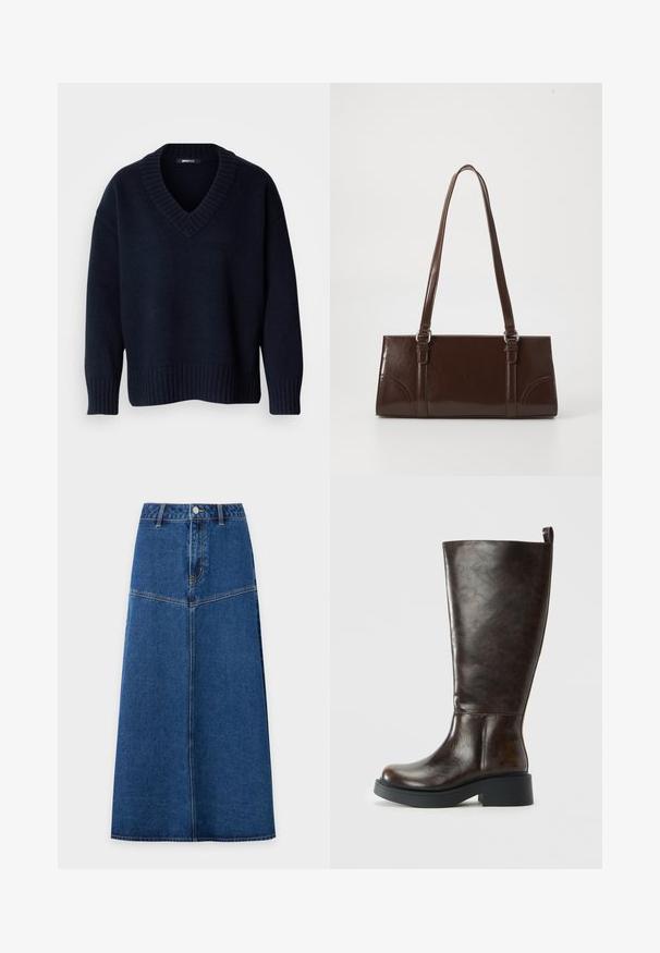 Dunkelblauer V-Ausschnitt-Pullover mit langen Ärmeln und gerippten Bündchen und Saum, vor neutralem Hintergrund präsentiert.; Blauer Denim-Midirock mit Knopfleiste vorne und Nahtdetails, leicht ausgestellt von der Taille bis zum Saum vor weißem Hintergrund.; Dunkelbraune Lederkniehohe Stiefel mit abgerundeter Spitze, robustem schwarzen Sohlen, niedrigem Blockabsatz und Zuglasche hinten oben.; Braune Lackleder-Handtasche in rechteckiger Form, mit zwei langen Griffen und subtilen, geschwungenen Akzenten auf der Vorderseite.