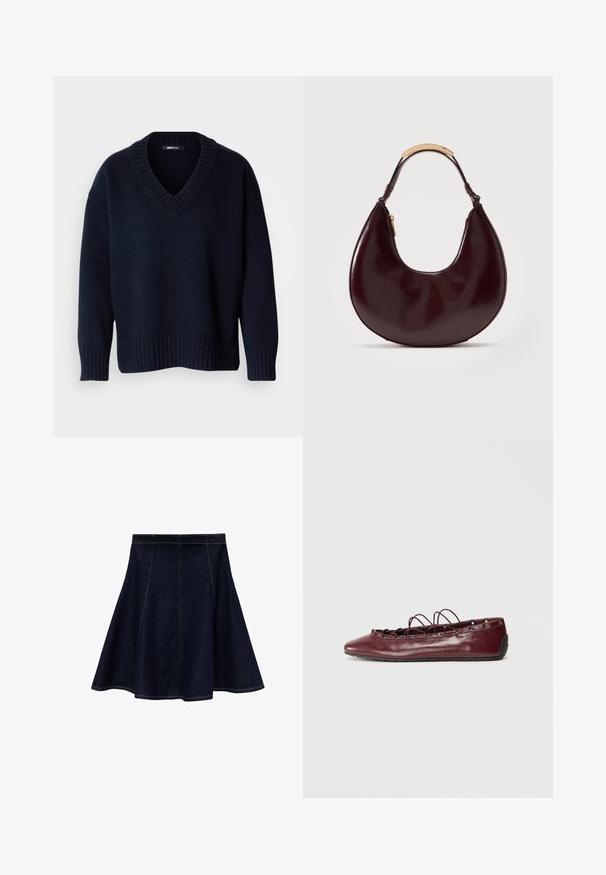Dunkelblauer V-Ausschnitt-Pullover mit langen Ärmeln und gerippten Bündchen und Saum, vor neutralem Hintergrund präsentiert.; Dunkelblaue Denim-A-Linien-Rock mit kontrastierendem gelbem Nähten. Verfügt über eine taillierte Taille mit weit auslaufendem Saum, glatter Textur und ohne Verzierungen.; Bordeauxfarbene Leder-Ballerinas mit spitzer Zehenpartie, mit Spitzenverzierungen an der Vorderseite und silbernen Ösen. Weiche Sohle für Flexibilität und Komfort.; Dunkelbraune, halbmondförmige Ledertasche mit kurzem Griff, der eine goldfarbene Metallbacke und einen Seitenreißverschluss aufweist.