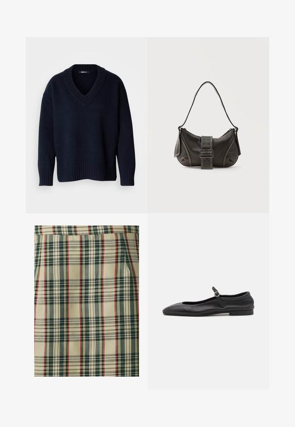 Jersey de punto azul marino oscuro con cuello en V, mangas largas y puños y bajo acanalados, exhibido sobre un fondo liso.; Tela de cuadros con un fondo beige y líneas en verde oscuro, rojo y amarillo. Tejido texturizado con un diseño estructurado, que muestra patrones distintos.; Bailarinas de cuero negro con punta redonda, escote estrecho y una pequeña correa en el tobillo con una hebilla circular. Suela baja y plana.; Bolso de hombro de cuero negro con detalle de correa con hebilla, bordes curvos y costuras blancas en contraste sobre un fondo liso.