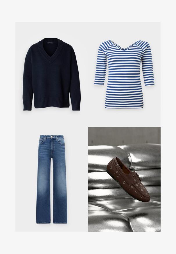 Pull bleu marine foncé à col en V avec manches longues et poignets et ourlet côtelés, présenté sur un fond uni.; Chemise à manches longues rayée bleu et blanc avec col en V et coupe ajustée.; Jean bleu taille haute à jambes larges avec poches avant, passants pour ceinture, fermeture à bouton et détails délavés sur les cuisses et les genoux.; Chaussure mocassin marron avec œillets métalliques sur une surface en cuir argenté capitonnée, présentée en l'air comme flottante ou en mouvement.