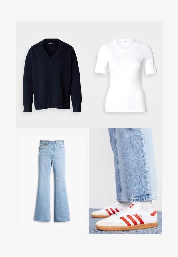 Jersey de punto azul marino oscuro con cuello en V, mangas largas y puños y bajo acanalados, exhibido sobre un fondo liso.; Camiseta blanca de manga corta hecha de algodón liso, con escote redondo y forma ajustada. Diseño clásico, sin estampados ni adornos.; Jeans de mezclilla de corte acampanado en azul claro, con cintura alta, un ligero desvanecimiento, detalles desgastados y diseño estándar de cinco bolsillos.; Zapatillas de cuero blancas con rayas y detalles rojos. Cuentan con una suela de goma texturizada y un collar acolchado. Llevadas con denim azul claro.