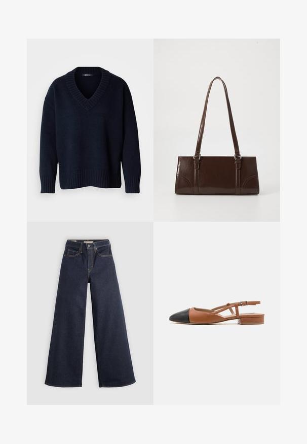 Donker marineblauwe V-hals trui met lange mouwen en geribbelde boorden aan mouwen en zoom, getoond op een effen achtergrond.; Wijde denim jeans in donkerblauw met contrasterende stiksels. Bevat een traditionele vijf-pocketontwerp en een knoopsluiting in de taille.; Steve Madden BELINDA - Slingback ballerina´s - brown/black; Bruine lakleren handtas met een rechthoekige vorm, twee lange handvatten en subtiele gebogen accenten aan de voorkant.