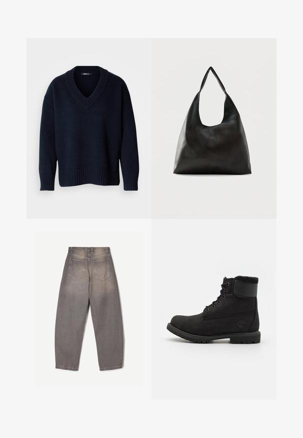 Donker marineblauwe V-hals trui met lange mouwen en geribbelde boorden aan mouwen en zoom, getoond op een effen achtergrond.; Grijze denim jeans van achteren gezien met twee achterzakken, riemlussen en een licht taps toelopende pijp.; Zwarte leren enkelaars met een ronde neus, vetersluiting aan de voorkant, neppelzen kraag en rubberen zool. Beschikt over een merklogo aan de zijkant.; Zwarte schoudertas van glad leer met een brede, enkele band en een nonchalant, minimalistisch ontwerp tegen een effen achtergrond.