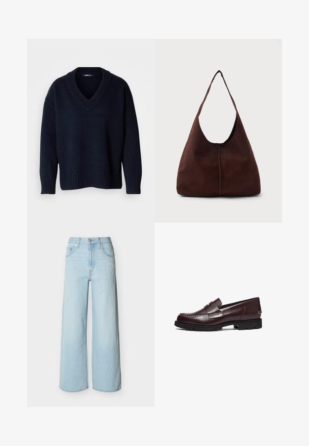 Donker marineblauwe V-hals trui met lange mouwen en geribbelde boorden aan mouwen en zoom, getoond op een effen achtergrond.; Lichtblauwe jeans met wijde pijpen, voorop met knopen en ritssluiting, voorzien van riemlussen en het klassieke ontwerp met vijf zakken.; Timberland Instappers - burgundy; Bruine suède hobo tas met een grote, gebogen opening en een brede schouderband. Heeft een centrale naad aan de voorkant. Glad van structuur.