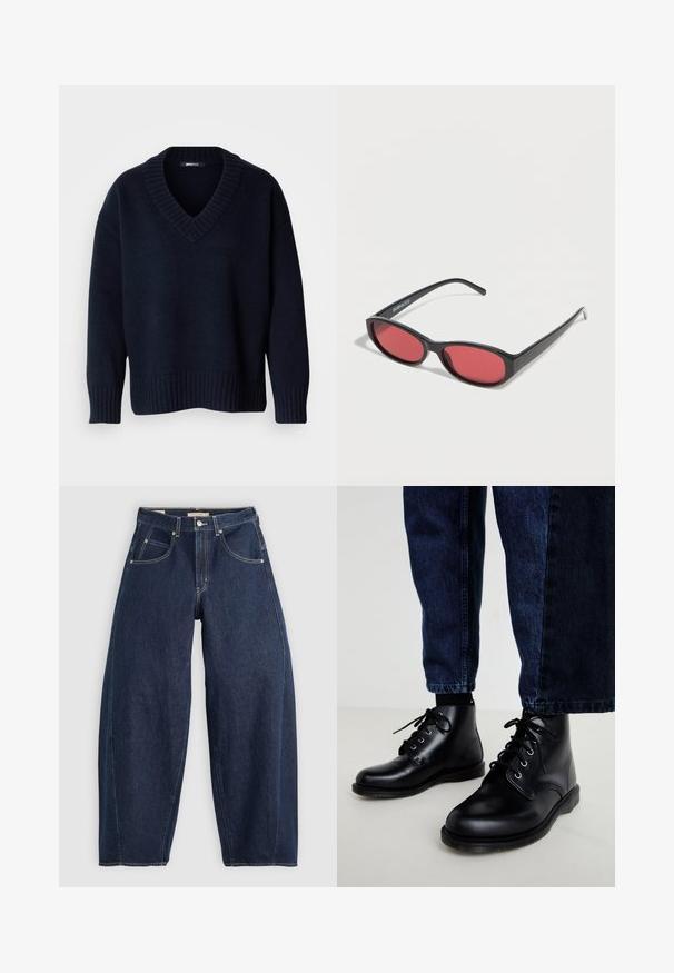 Donker marineblauwe V-hals trui met lange mouwen en geribbelde boorden aan mouwen en zoom, getoond op een effen achtergrond.; Donkerblauwe denim jeans met een losse fit, lichte stiksels, vijf zakken en een knoopsluiting op de taille.; Zwarte leren enkellaarzen met ronde neuzen, een vetersluiting, zilveren veteroogjes en getextureerde zolen, gecombineerd met donkerblauwe spijkerbroeken.; Zwarte ovale zonnebril met slanke pootjes en rood getinte glazen, rustend op een witte ondergrond.