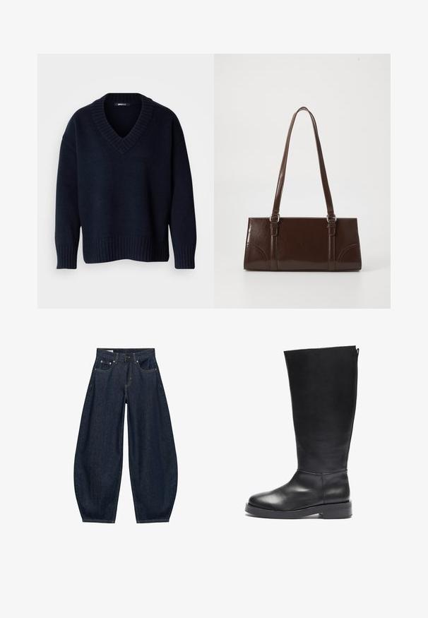 Pull bleu marine foncé à col en V avec manches longues et poignets et ourlet côtelés, présenté sur un fond uni.; Jean en denim bleu foncé à jambes larges avec poches avant, passants de ceinture et fermeture par bouton à la taille.; Botte noire en cuir, montante jusqu'au genou, avec un bout arrondi, une finition lisse, un talon carré et une fermeture éclair à l'arrière pour un enfilage facile.; Sac à main en cuir verni marron de forme rectangulaire, avec deux longues poignées et des accents courbés subtils à l'avant.