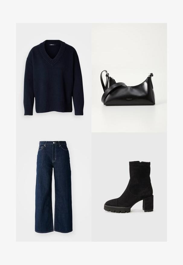 Donker marineblauwe V-hals trui met lange mouwen en geribbelde boorden aan mouwen en zoom, getoond op een effen achtergrond.; Brede pijp donkerblauwe denim jeans met contrasterende stiksels, vijf-pocket ontwerp en een knoopsluiting in de taille.; Zwarte enkellaarzen van suede met een vierkante neus, chunky hak en een getextureerde rubberen zool met zigzagaccenten. Gladde afwerking.; Zwarte leren handtas met een gladde textuur. Beschikt over een verstelbare schouderband en een strak, minimalistisch ontwerp met een ritssluiting.