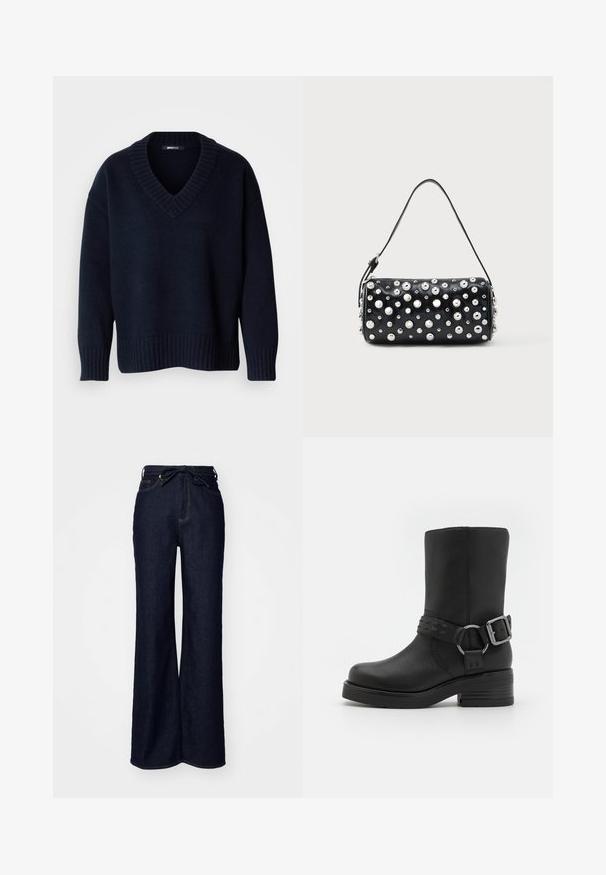 Donker marineblauwe V-hals trui met lange mouwen en geribbelde boorden aan mouwen en zoom, getoond op een effen achtergrond.; Donkerblauwe ruime spijkerbroek van denim, met hoge taille, voorzakken en een striksluiting in de taille.; Zwarte leren enkellaars met een ronde neus, een dikke hak en een decoratieve gespband rond de enkel. Geverfde afwerking.; Zwarte leren handtas met een afgeronde vorm, versierd met zilverkleurige studs. Voorzien van een afneembare riem en ritssluiting. Gladde textuur.