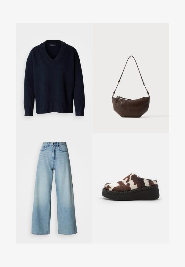 Dark navy blue V-neck sweater with long sleeves and ribbed cuffs and hem, displayed on a plain background.; Light blue high-waisted wide-leg jeans made of denim, featuring five pocket design and subtle fading for texture.; Brown and white cow-print platform clogs with a soft upper, rounded toe, and a durable black rubber sole. Seamed detailing at the base.; Brown leather shoulder bag with a curved bottom and adjustable strap against a plain light background.