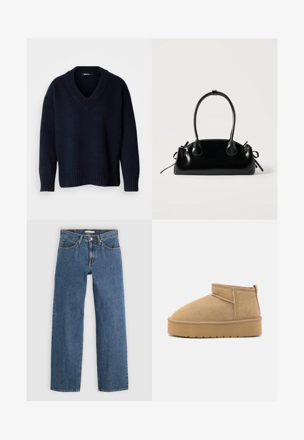 Donker marineblauwe V-hals trui met lange mouwen en geribbelde boorden aan mouwen en zoom, getoond op een effen achtergrond.; Blauwe denim jeans met een recht gesneden ontwerp, voorzien van vijf zakken, een knoopsluiting en contrasterende stiksels langs de naden.; Beige suède enkellaarzen met een ronde neus, minimale stiksels en een lichtbruine rubberen zool met een getextureerd patroon.; Kleine zwarte glanzende handtas met twee lange hengsels en zijkant trekkoord details op een effen lichte achtergrond.