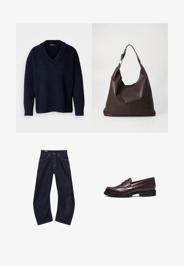 Donker marineblauwe V-hals trui met lange mouwen en geribbelde boorden aan mouwen en zoom, getoond op een effen achtergrond.; Donkerblauwe denim jeans met brede pijpen, voorzakken, riemlussen en knoopsluiting, plat op een witte achtergrond gelegd.; Timberland Instappers - burgundy; Zign by Zalando LEATHER - Shopper - chocolate brown