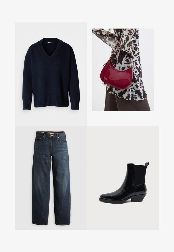 Dunkelblauer V-Ausschnitt-Pullover mit langen Ärmeln und gerippten Bündchen und Saum, vor neutralem Hintergrund präsentiert.; Dunkelblaue Jeans aus Denim mit einem geraden Bein-Design, Fünf-Taschen-Stil und Steppnähten sowie einem Knopfverschluss.; Schwarzer Lederknöchelstiefel mit spitzer Zehenpartie, niedrigem Blockabsatz, elastischem geripptem Seitenpanel und hinterer Zuglasche vor weißem Hintergrund.; Frau trägt eine schwarz-weiß gemusterte Bluse und hält eine glänzende rote Schultertasche vor einem einfarbigen Hintergrund.