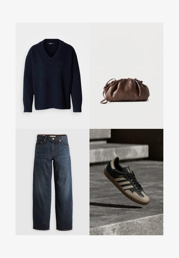 Jersey de punto azul marino oscuro con cuello en V, mangas largas y puños y bajo acanalados, exhibido sobre un fondo liso.; Jeans oscuros de denim, con un diseño de pierna recta, estilo de cinco bolsillos, y acentos de costura superior con cierre de botón.; Zapatilla de cuero negra y beige con tres rayas blancas, suela de goma beige y detalles dorados "Samba" en el lateral.; Bolso tipo bolsa de cuero marrón suave con parte superior fruncida y asa delgada, apoyado sobre un fondo blanco.