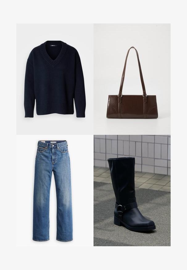 Dunkelblauer V-Ausschnitt-Pullover mit langen Ärmeln und gerippten Bündchen und Saum, vor neutralem Hintergrund präsentiert.; Hellblaue Jeans aus Denim mit hoher Taille, weitem Bein, klassischem Fünf-Taschen-Design und subtilen Verwaschungen im Stoff.; Schwarzer Lederstiefel bis zur Mitte der Wade mit niedrigem Blockabsatz und dekorativem Riemen mit Metallschnalle um den Knöchel, auf einem gefliesten Gehweg.; Braune Lackleder-Handtasche in rechteckiger Form, mit zwei langen Griffen und subtilen, geschwungenen Akzenten auf der Vorderseite.