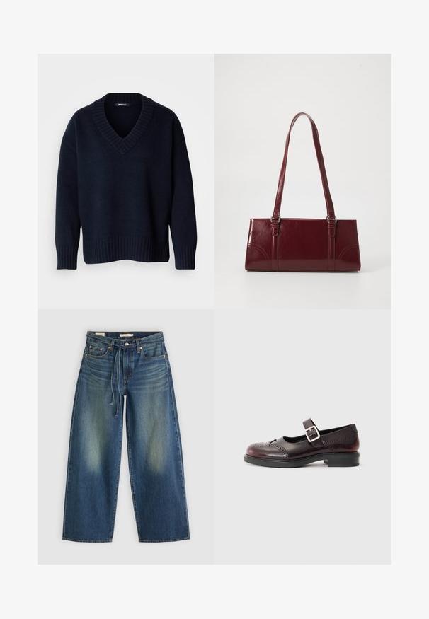 Jersey de punto azul marino oscuro con cuello en V, mangas largas y puños y bajo acanalados, exhibido sobre un fondo liso.; Jeans de mezclilla de pierna ancha en azul oscuro con un diseño desgastado, que presentan una cinturilla con cordón y un estilo de cinco bolsillos.; Zapato al estilo Mary Jane en charol burdeos oscuro, con detalles perforados y una correa con hebilla. Tacón bajo, punta redonda.; Bolso burdeos hecho de material brillante, de forma rectangular, con dos asas para el hombro y sutiles acentos curvados en la parte frontal.