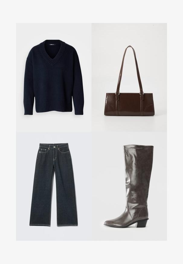 Donker marineblauwe V-hals trui met lange mouwen en geribbelde boorden aan mouwen en zoom, getoond op een effen achtergrond.; Donkerblauwe jeans met wijde pijpen, knoopsluiting aan de voorkant, rits, lussens voor riem en vijf zakken, tegen een lichte effen achtergrond.; Hoge dameslaars van donkergrijs leer met een middelhoge hak en een afgeronde neus, weergegeven vanuit de zijkant op een witte achtergrond.; Bruine lakleren handtas met een rechthoekige vorm, twee lange handvatten en subtiele gebogen accenten aan de voorkant.