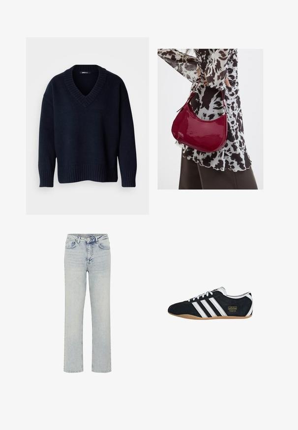 Donker marineblauwe V-hals trui met lange mouwen en geribbelde boorden aan mouwen en zoom, getoond op een effen achtergrond.; My Essential Wardrobe WIDE 05 THE LOUIS 139 - Relaxed fit jeans - light blue dirty wash; Zwarte suède sneaker met witte drie strepen, gouden logo en een bruine rubberen zool. Heeft een laag profiel vetersluiting ontwerp.; Vrouw met een zwart-wit gebloemde blouse houdt een glanzende rode schoudertas vast tegen een effen achtergrond.