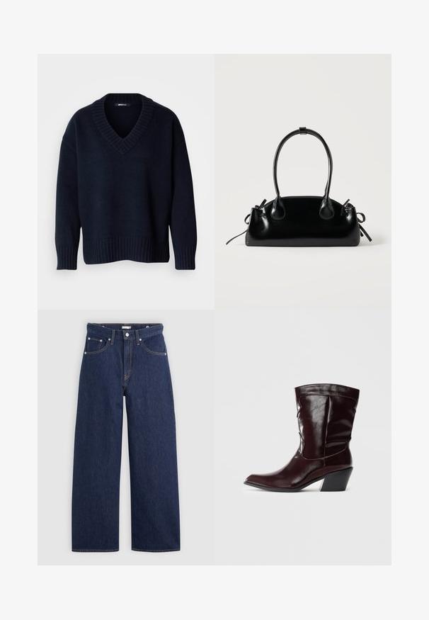 Tumši zils džemperis ar V veida izgriezumu, garām piedurknēm un ribotām aprocēm un apakšu, attēlots uz vienkārša fona.; Tumši zilie džinsi ar platu kāju un augstu jostas vietu, kuriem ir pieci kabatas, jostas cilpas un varškrāsas šuvju detaļas. Gluda tekstūra.; Burgundijas krāsas ādas potīšu zābaki ar smailu purngalu, teksturētu virsmas apdari un sašaurinātu zemu papēdi. Iespējo diskrētu izšuvumu un ciešu piegulšanu.; Neliela melna spīdīga soma ar divām garām rokturiem un sānu auklu detaļām uz vienmērīga gaiša fona.