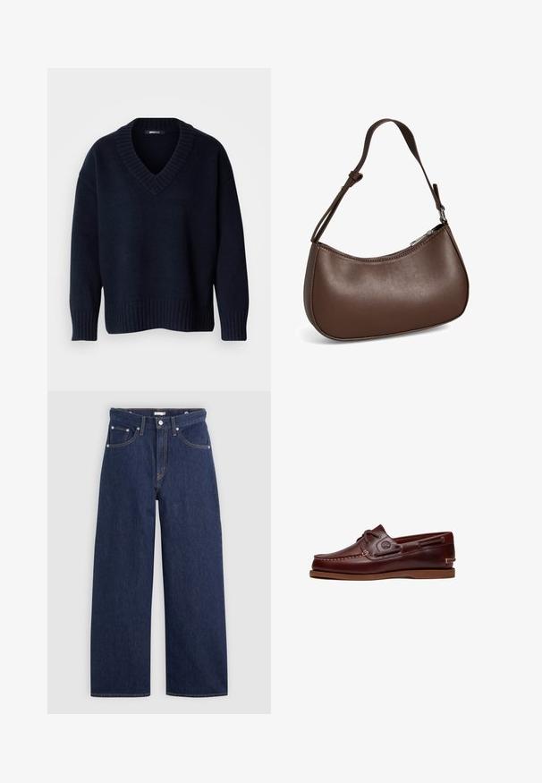 Pull bleu marine foncé à col en V avec manches longues et poignets et ourlet côtelés, présenté sur un fond uni.; Jeans en denim bleu foncé à jambes larges avec une taille haute, dotés de cinq poches, passants de ceinture et détails de couture en cuivre. Texture lisse.; Chaussure bateau en cuir marron avec lacets, détails de couture et logo Timberland sur le côté, présentée sur un fond blanc.; Petit sac bandoulière en cuir marron avec sangle réglable et fermeture éclair, présenté sur fond blanc. Aucun logo ou décoration visible.