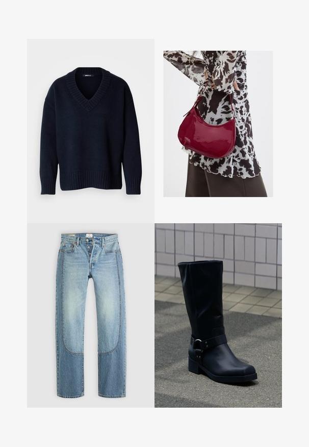 Donker marineblauwe V-hals trui met lange mouwen en geribbelde boorden aan mouwen en zoom, getoond op een effen achtergrond.; Lichtblauwe denim jeans met een rechte, losse pasvorm, voorzien van contrasterende paneeldetails en een vijf-pocket ontwerp. Knopen vloogsluiting.; Zwarte leren kuitlaars met een lage blokhak en een decoratieve riem met metalen gesp rond de enkel, op een betegeld trottoir.; Vrouw met een zwart-wit gebloemde blouse houdt een glanzende rode schoudertas vast tegen een effen achtergrond.