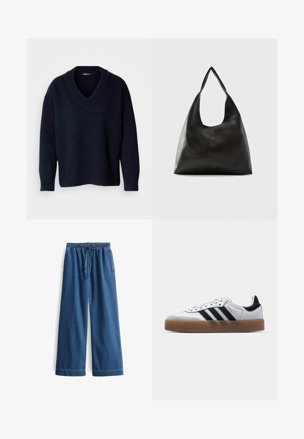 Dunkelblauer V-Ausschnitt-Pullover mit langen Ärmeln und gerippten Bündchen und Saum, vor neutralem Hintergrund präsentiert.; Helle Jeans mit weiter Beinform in Mittelblau. Mit einem elastischen Bund und einem Kordelzug ausgestattet und in einem schlichten Design mit glatter Textur.; Weiße Leder Sneakers mit schwarzen Streifen, Gummigummi-Außensohle, runder Zehenform, Schnürverschluss und weichem grauem Wildleder-Zehenkappe.; Schwarze, glatte Leder-Schultertasche mit einem breiten, einzelnen Riemen und einem lässigen, minimalistischen Design vor einem einfarbigen Hintergrund.