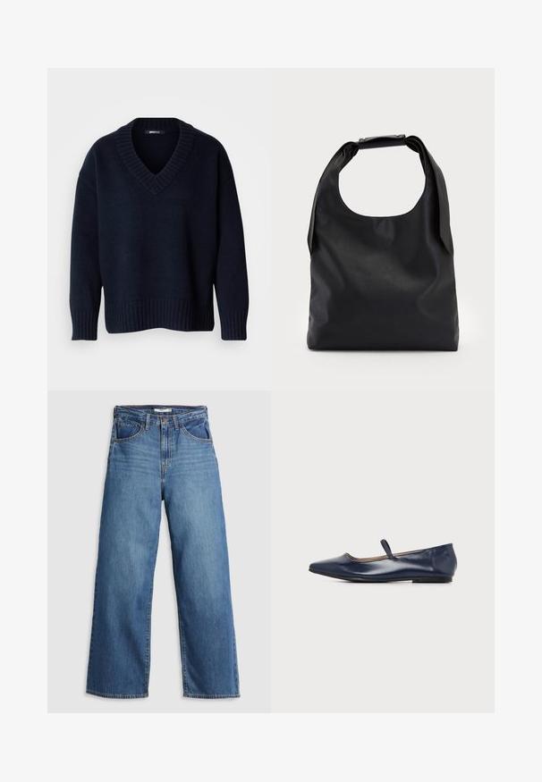 Jersey de punto azul marino oscuro con cuello en V, mangas largas y puños y bajo acanalados, exhibido sobre un fondo liso.; Jeans de mezclilla azul de pierna ancha con cintura alta, que cuentan con cinco bolsillos, costuras en contraste y cierre de cremallera.; Zapato plano de cuero azul marino con puntera puntiaguda y una sola tira fina sobre el empeine, mostrado de perfil sobre fondo blanco.; Bolso de mano de cuero negro con una gran abertura superior y una sola correa para el hombro. Textura suave, diseño minimalista, con detalles sutiles de herrajes.