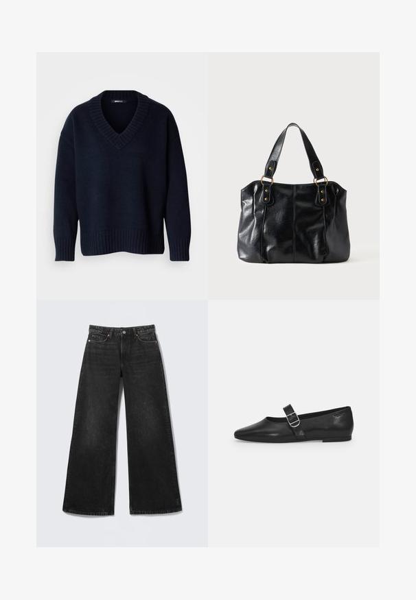 Pull bleu marine foncé à col en V avec manches longues et poignets et ourlet côtelés, présenté sur un fond uni.; Jean noir à jambes larges avec cinq poches et fermeture par bouton, présenté à plat sur un fond clair.; Chaussure plate en cuir noir avec un bout arrondi, une seule sangle réglable à boucle et une texture lisse et brillante. Design minimaliste avec un petit talon.; Sac à épaule en cuir noir avec double anses attachées par des anneaux et rivets dorés, surface lisse et légèrement brillante, design simple.