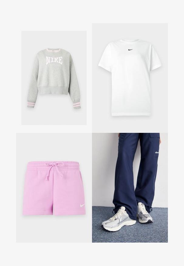 Svetlošedá mikina Nike s ružovo-bielym logom, rebrovanými manžetami s ružovými pruhmi a rebrovaným okrúhlym výstrihom.; Biele tričko s krátkym rukávom a okrúhlym výstrihom, na ktorom je malé čierne logo Nike swoosh umiestnené tesne pod výstrihom.; Ružové šortky zo zmesi bavlny s elastickým pásom a šnúrkou, s bielym logom Nike na spodnej ľavej strane.; Športové topánky Nike s strieborným sieťovaným zvrškom, bielymi detailmi a textúrovanými podrážkami, skombinované s voľnými námorníckymi nohavicami.