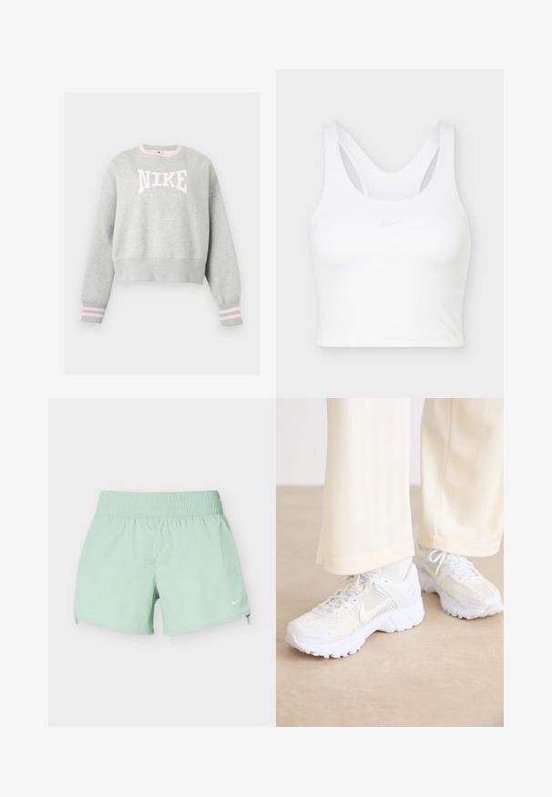 Sudadera Nike gris claro con logo rosa y blanco, puños acanalados con rayas rosas y cuello redondo acanalado.; Sujetador deportivo corto blanco con diseño racerback y logo Nike swoosh tenue en el centro frontal.; Pantalones cortos deportivos verde claro con cintura elástica y pequeño logo blanco de Nike en la parte inferior derecha de la pierna sobre fondo blanco.; Zapatos deportivos blancos con un diseño de malla, superficies texturizadas y suelas que brindan soporte. Cierres de cordones y un detalle de marca sutil en el costado.