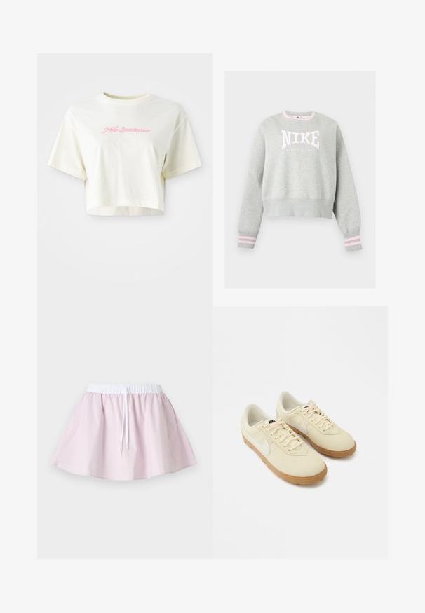 Helehall hall Nike dressipluus roosa ja valge logoga, roosade triipudega soonikkoes varrukaservade ja soonikkoes ümara kaelusega.; Lühendatud, kreemjas värvi t-särk, mis on valmistatud puuvillast. Omab roosa tikandiga logot, millel on kiri "Nike Sportwear". Lühikesed varrukad ja ümmargune kaelus.; Hele roosa A-lõikeline seelik valge elastse vöörihma ja nööriga, esitatud lamedana hele ühtlase taustaga.; Valged beežid Nike tossud, millel on sile nahast pealmine osa, paelaga kinnituv ja kummist jope. Omaduseks on kontrastse valge Swooshi logo.
