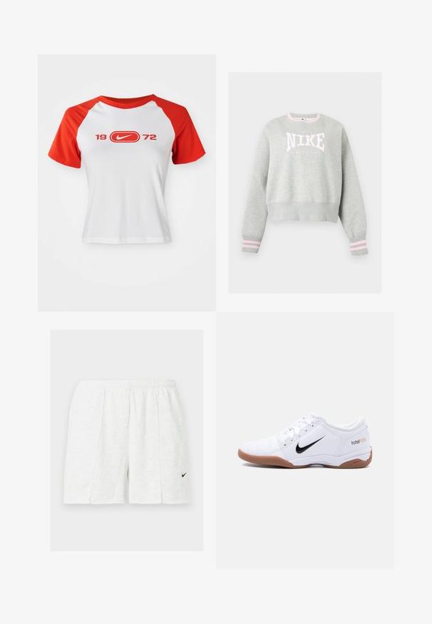 Sweat-shirt Nike gris clair avec logo rose et blanc, poignets côtelés avec bandes roses et encolure ronde côtelée.; T-shirt Nike avec un corps blanc et des manches raglan rouges. Présente "1972" et un logo en rouge sur la poitrine. Fabriqué en tissu jersey lisse.; Shorts de sport blancs avec taille élastique et logo Nike Swoosh noir sur la jambe gauche, présentés sur un fond uni.; Chaussure de football en salle Nike Total 90 III blanche avec logo swoosh noir et semelle en gomme, vue de profil sur un fond uni.