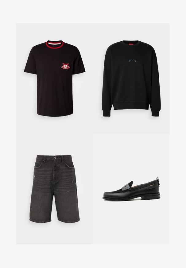 Sudadera negra de manga larga tipo crewneck con pequeño texto "hugo" en azul claro en el pecho, puños y dobladillo acanalados.; Camiseta de algodón negra con un cuello redondo acanalado en rojo y blanco. Tiene un logotipo bordado en rojo y blanco en el lado izquierdo del pecho.; Shorts de mezclilla negra con un corte relajado, que cuentan con bolsillos frontales, una textura desgastada y una cinturilla clásica con un cierre de botón sencillo.; Mocasín de cuero negro con detalle de tira gris, tacón bajo y suela texturizada, con la marca "HUGO" en oro en el lateral.