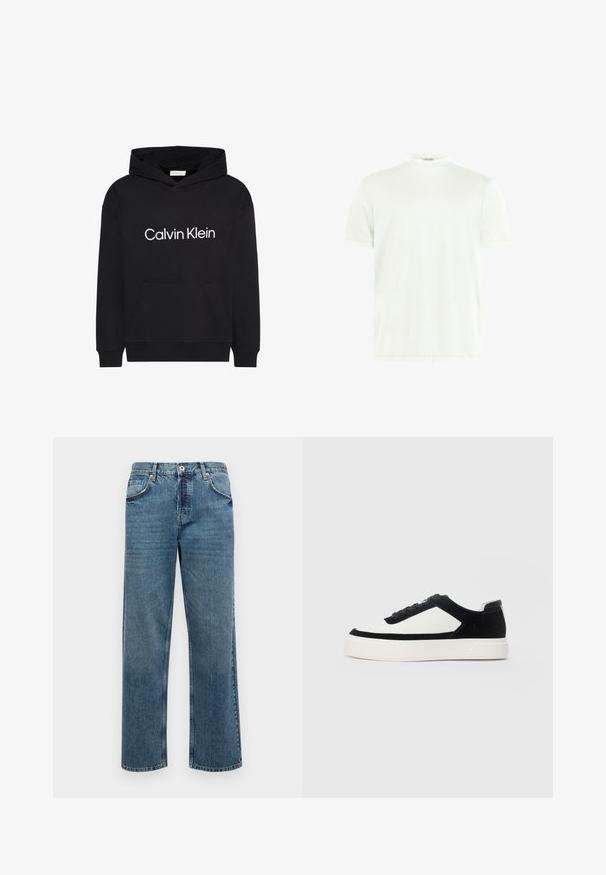 Sort hættetrøje med frontlomme og hvidt "Calvin Klein"-logo centreret på brystet, med snøretrækshætte og lange ærmer.; Hvid crewneck T-shirt lavet af blødt stof. Korte ærmer, uden mønstre. Simpelt design med lige kant og minimal detaljer.; Blå denimjeans med lige pasform, der har fem lommer, en knap- og lynlåslukning samt synlige stikninger.; Lave sneakers med sort ruskind og hvide læderpaneler, sorte snørebånd og tyk hvid gummisål, vist fra ydersiden.